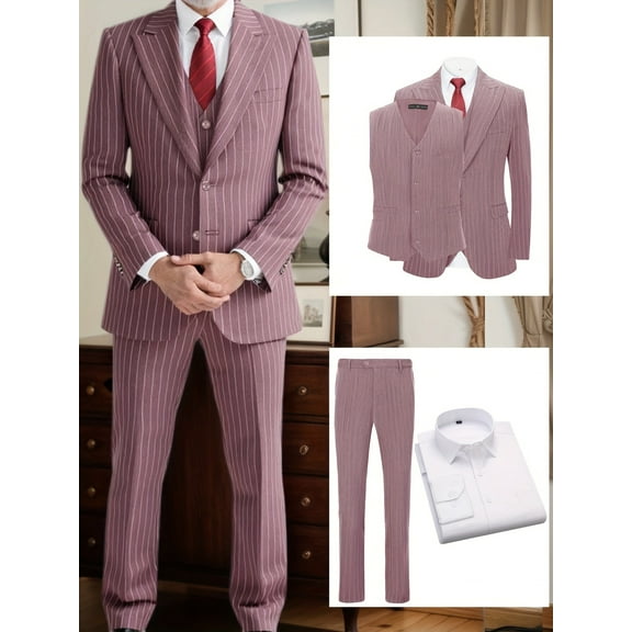 Beauty-Emily Men’s 4-Piece Pinstripe Business Suit Set, Closure Collar Jacket, Vest, Shirt & Pants – Office, Meetings & Events