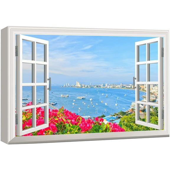 wall26 Canvas Print Wall Art Window View to Thailand Ocean & City Nature Wilderness Photography Realism Rustic Landscape Colorful Multicolor Ultra for Living Room, Bedroom, Office - 32"x48&q