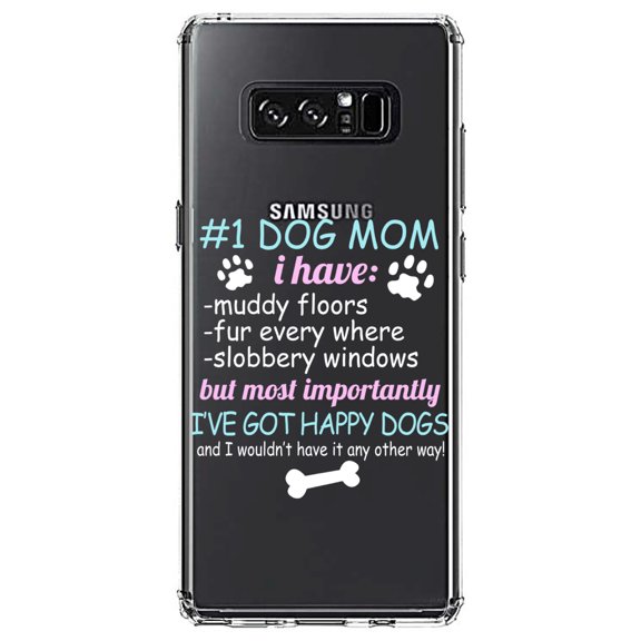 DistinctInk Clear Shockproof Hybrid Case for Samsung Galaxy Note 8 - TPU Bumper Acrylic Back Tempered Glass Screen Protector - #1 Dog Mom - I've Got Happy Dogs