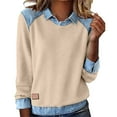 thumbnail image 2 of Beige Going Out Tops for Women Casual Lapel Denim Stitching Pullover Sweatshirt, 2 of 6