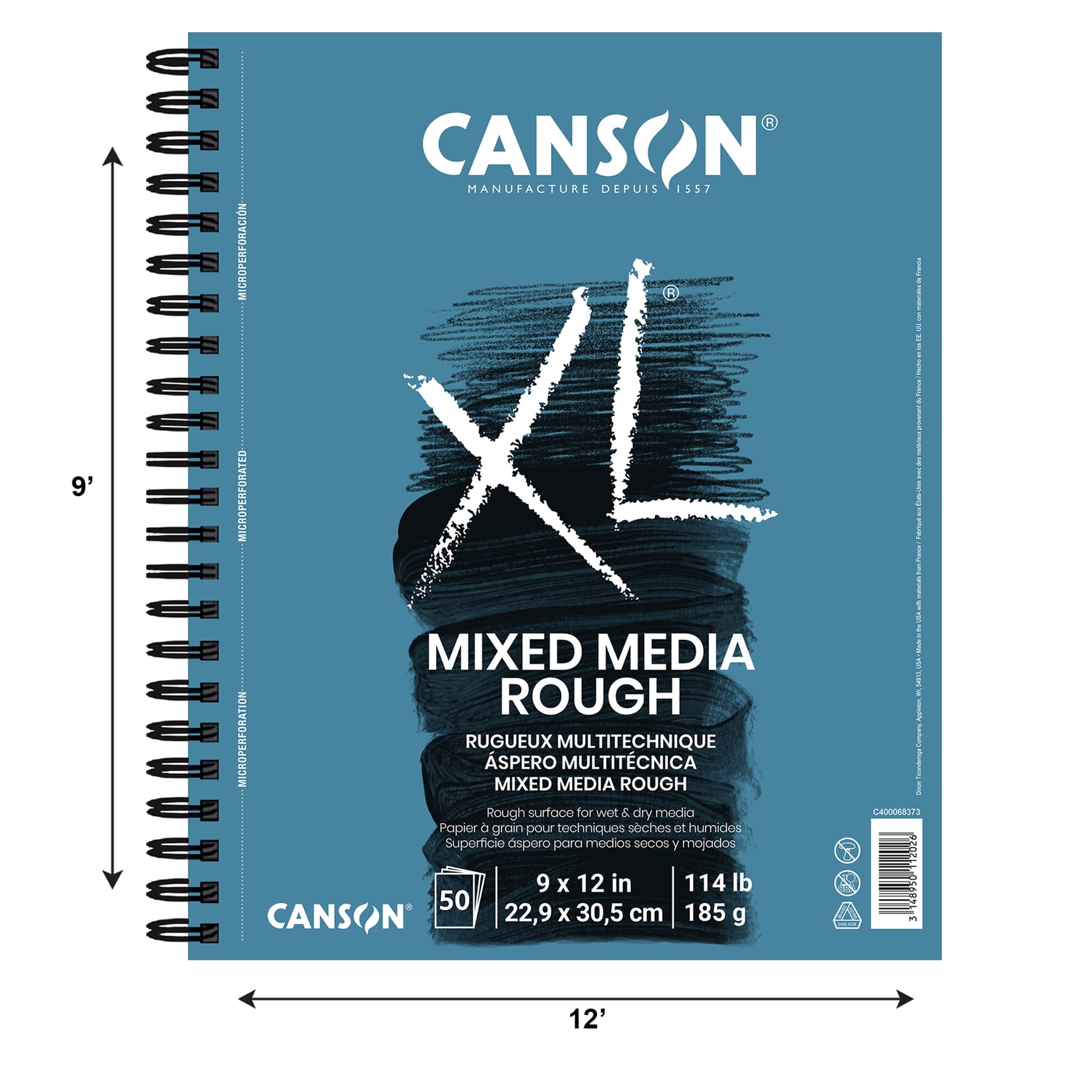 Canson XL Series Mixed Media Paper Pad, Rough, Wire Binding, (114lb/185g), 50 Sheet, 9" x 12"