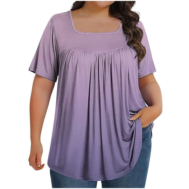 Fiudx Ofertas y Liquidaciones Top Holgado de Manga Corta Plisado con Cuello Extragrande Estampado para Mujer L-5Xl