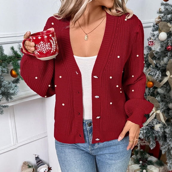 Women's Cardigans Knitted Long Sleeve V Neck Open Front Button up Sweaters Causal Fall Trendy Coat Tops (S, Red)