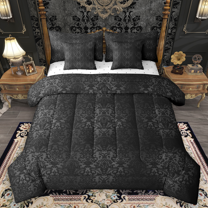 Manfei Black Damask Bedding Comforter Set 7 Pieces, Traditional Baroque Floral Queen Bedding Sets, Vintage Bohemian Flower Queen Sheet Sets, Luxury Bedroom Decor