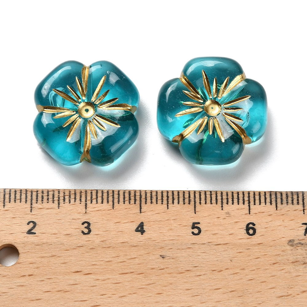 500 g Transparent Acrylic Beads Flower Golden Metal Enlaced Dark Cyan 19.5x19.5x7mm Hole: 1.8mm 230pcs/500g