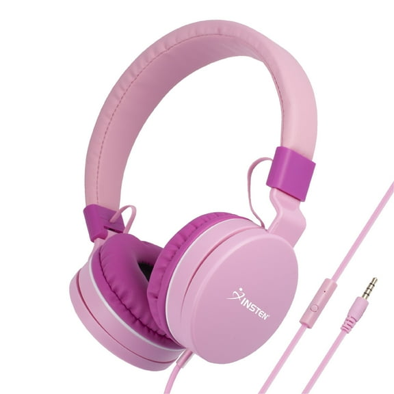 Kids Headphones with Microphone, Wired Headset 3.5mm Adjustable Foldable with Volume Limiter for Children Ages 2-14, Pink
