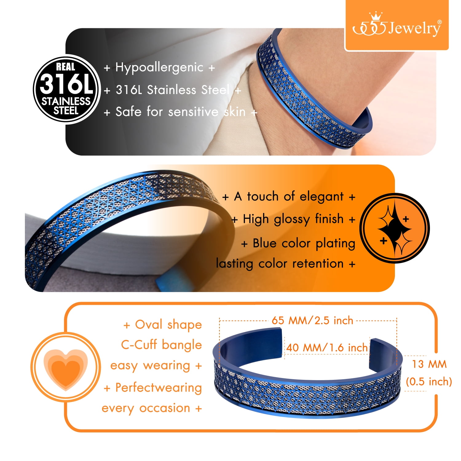 555Jewelry Stainless Steel Cuff Bangle Star of David Bracelet for Men and Boys, Blue/Silver