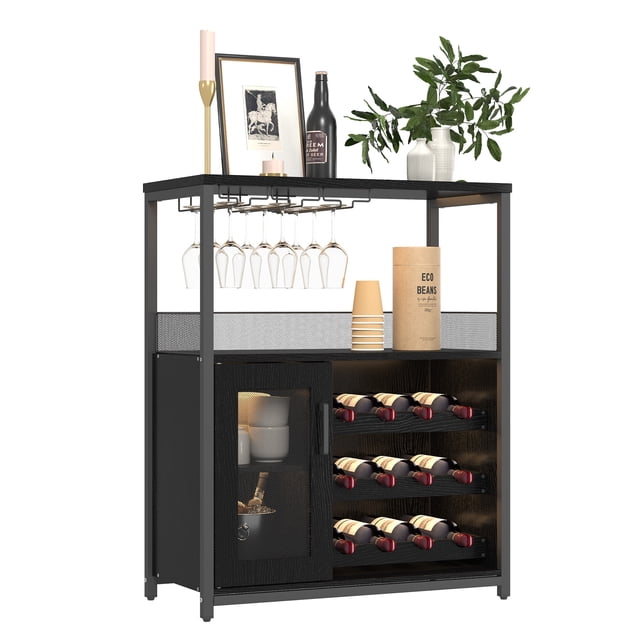 PIONEERWORKS 3-Tier Wine Bar Cabinet with Detachable Wine Rack and Storage Space, Buffet Cabinet with Glass Holder and Mesh Door, Sturdy MDF Construction for Dining Room Bar & Kitchen