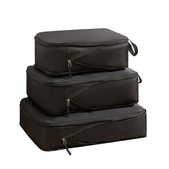 Black Travel Compression Packing Cubes Set 3 Pieces Lightweight Luggage Organizer Bags For Clothes Shoes Toiletries Carry On Suitcase Storage System For Vacation Business Trip Black