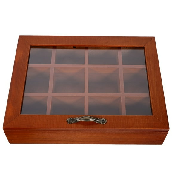 12 Grids Wooden Tea Bag Holder Sugar Packets Spice Pouches Storage Case Instant Coffee Boxes with Clear Lid