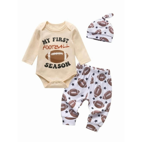 Newborn Baby Boy Clothes Letter Long Sleeve Romper Football Pattern Pants with Hat Outfits Set 0-3 Months