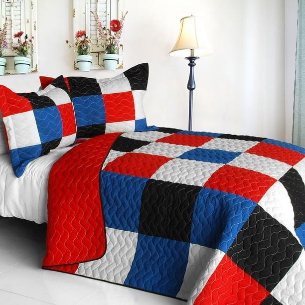 Red White Blue Checkered Geometric Boys Bedding Full/Queen Quilt Set Modern