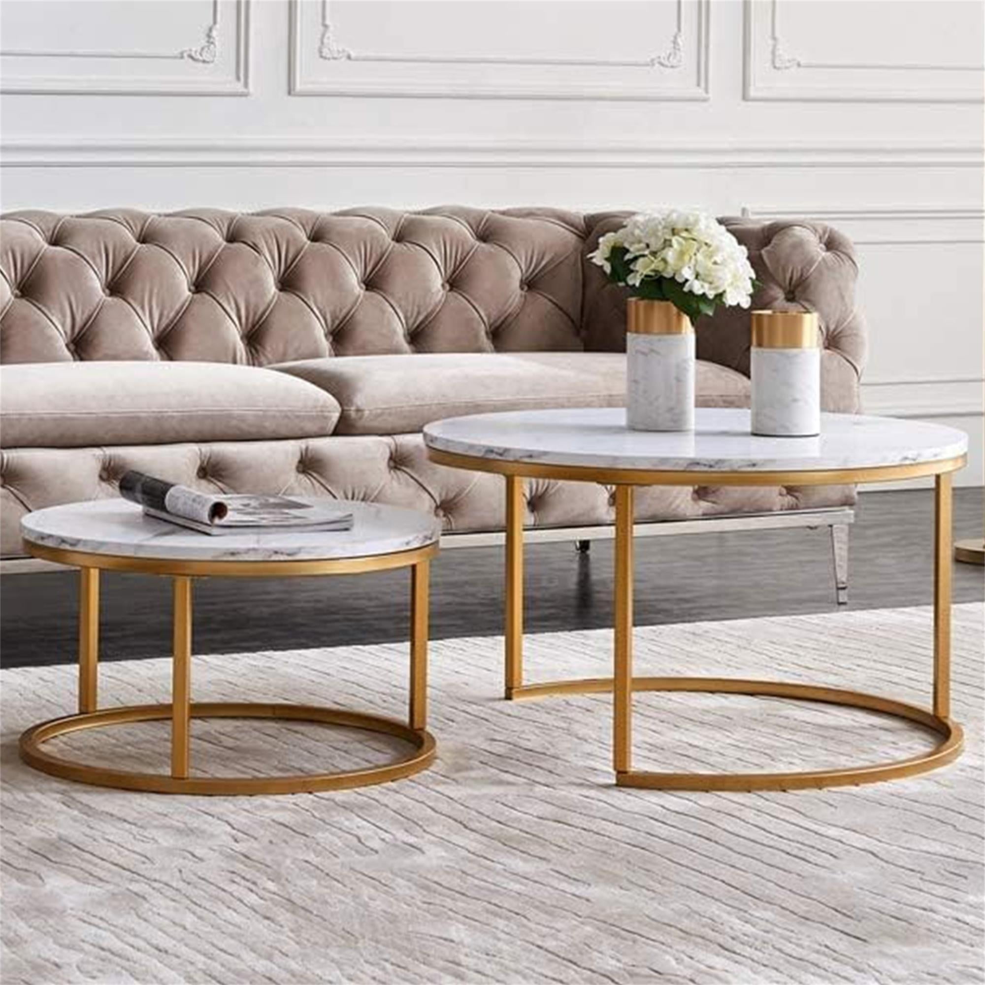 Kepooman 31.5" Nesting Coffee Table Set of 2, Round Nightstand with Faux Marble Wooden Top for Living Room, Golden