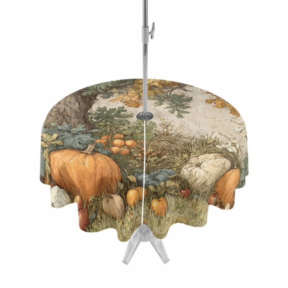 Outdoor Table Cloth with Umbrella Hole and Zipper, Orange Leaves Fall Waterproof Round Tablecloth 54 Inch, Pumpkins Grass Vintage Rustic Washable Table Cover for Outside Party Patio Picnic