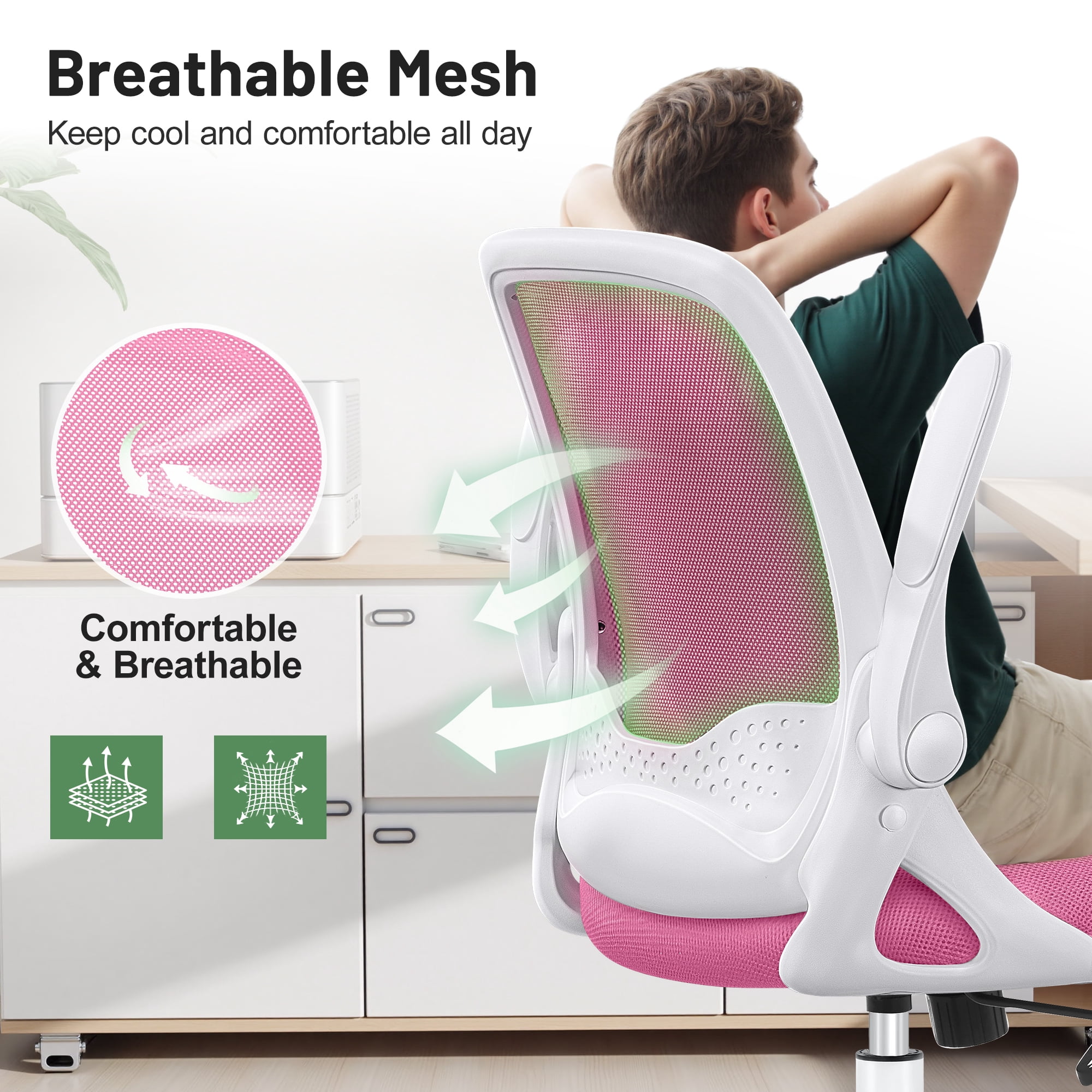 ATHOPE Office Chair, Ergonomic Desk Chair with Lumbar Support Adjustable Height Swivel Wheels Flip-up Arms Mesh Computer Gaming Chair for Home Office, Pink