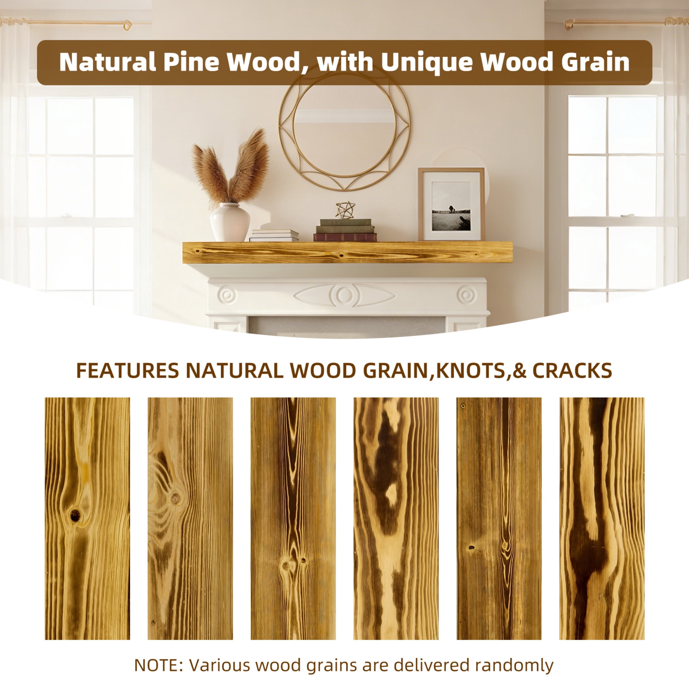 Noble House 60" Fireplace Mantel, Rustic Floating Wood Shelf with Invisible Brackets for Living Room, Caramel