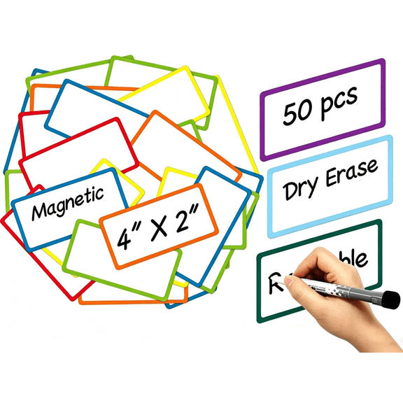 JinBeiXi 50-Pack Magnetic Dry Erase Labels, 4" x 2" Color Border Writable Name Tags, Reusable Strips for Classroom, Office, Fridge, Locker & Garage Organization