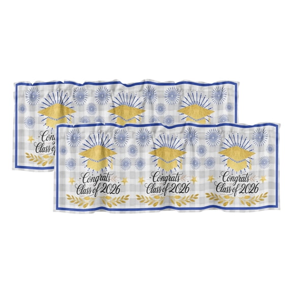 Graduation Curtain Valances for Windows, Kitchen Valance Window Treatments Panel 2 Pack, Yellow Star Botanical Grey Gingham Rod Pocket Short Curtains for Bathroom Bedroom 42 x 12 Inch