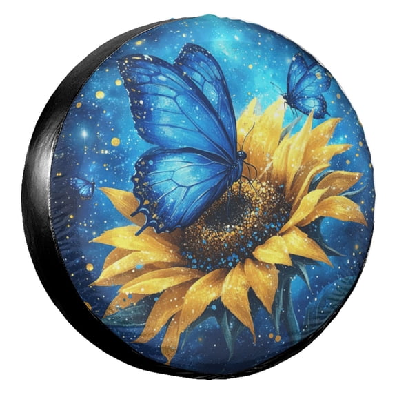 KAKALAD Sunflower And Blue Butterfly Spare Tire Cover Universal Vehicle Accessories Buckle Car Tools 14”in