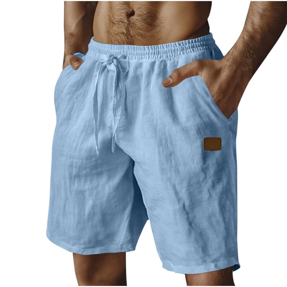 Admvng Men's Linen Shorts Drawstring Elastic Waist Casual Summer Beach Cotton Shorts with Pockets