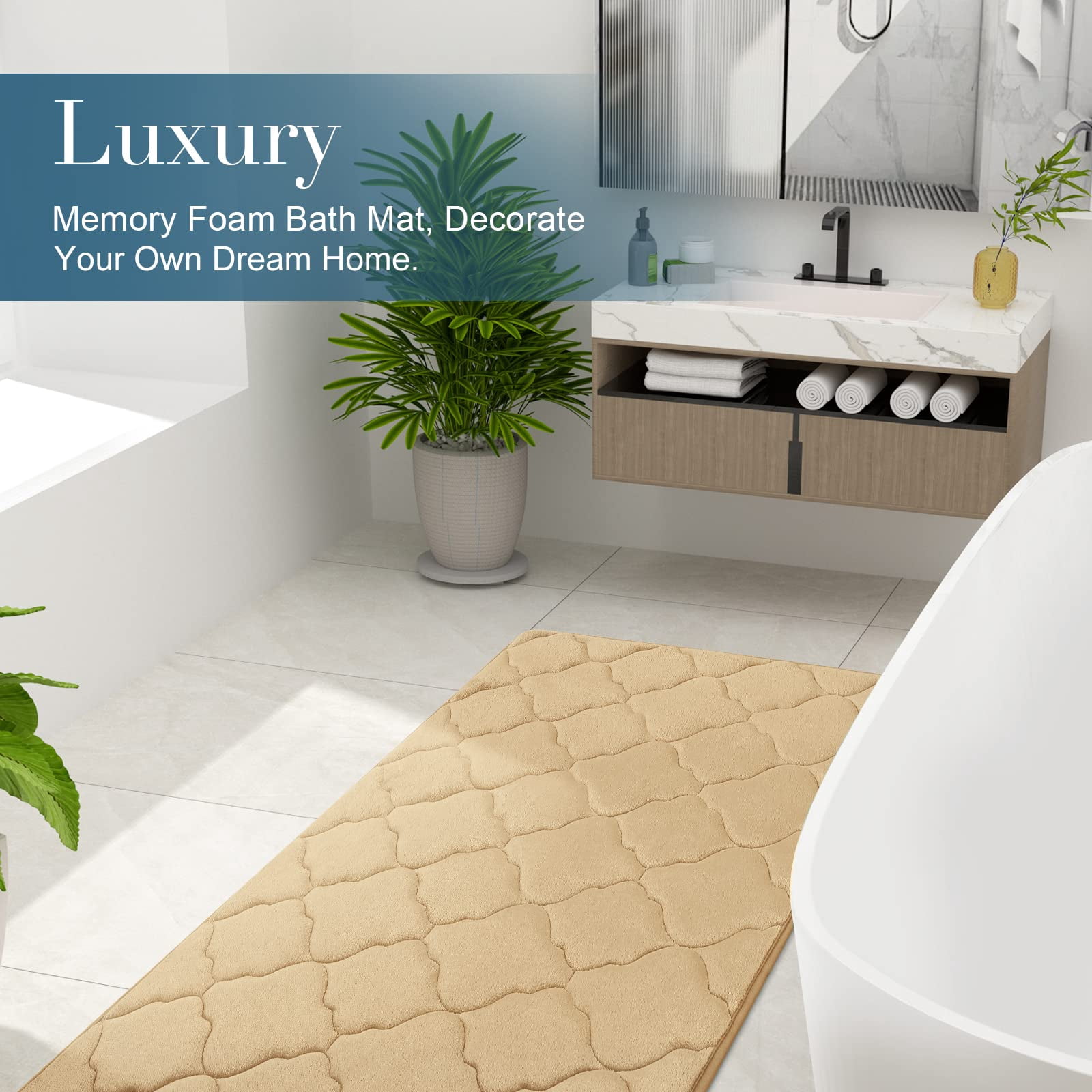 Buganda Memory Foam Bathroom Rugs, Ultra Soft and Absorbent Bath Mat, Thick Bath Rug for Bathroom Floor, 24x16, Beige