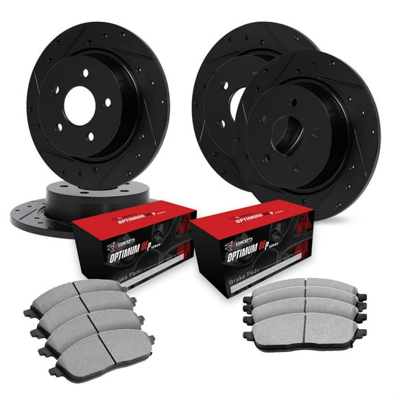 R1 Concepts Drilled and Slotted Black Disc Brake Rotor Set with Optimum Oe Pads WHUN2-52003