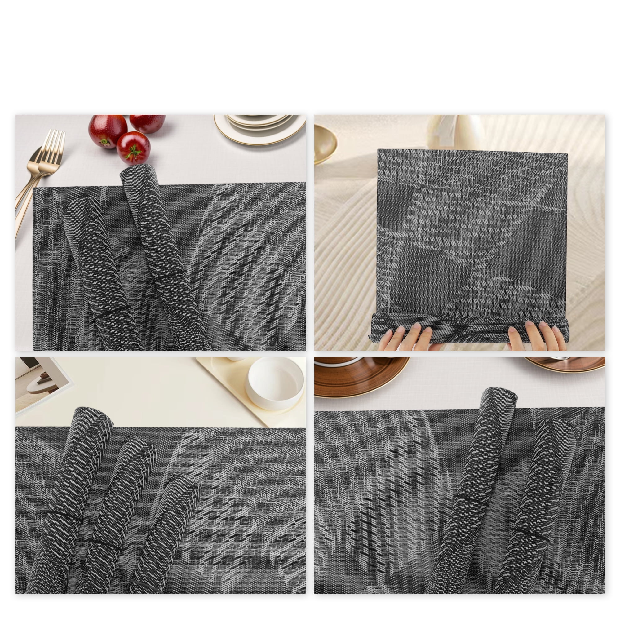 Unique Bargains 4Pcs Blocks Pattern PET Heat Resistant Washable Placemats Black