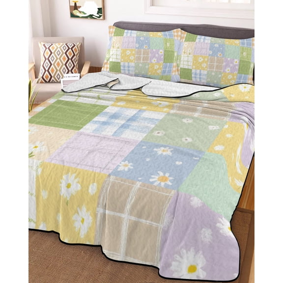 Twin Quilt Bedding Set, Spring Farm Flowers Lightweight Coverlet Summer Comforter Set Soft Microfiber Bedspread, Colorful Spliced Plaid 3 Piece Quilt Set with 2 Pillow Shams