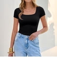 thumbnail image 5 of Womens Short Sleeve Square Neck Basic T Shirts Slim Fit Crop Y2k Tee Black M, 5 of 5