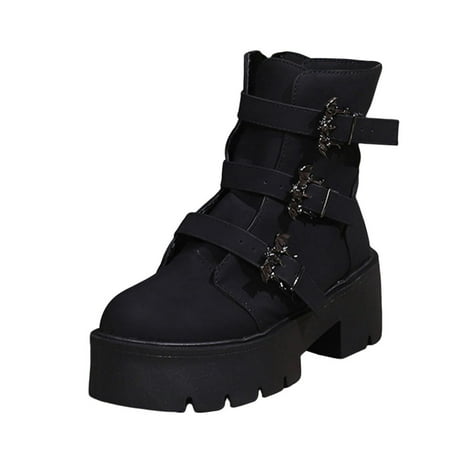 

HOLXI 2024 Womens Goth Chunky Wedges Bandage Platform Block Heel Combat Boots Winter Punk Bat Buckle Ankle Boots with Side Zip
