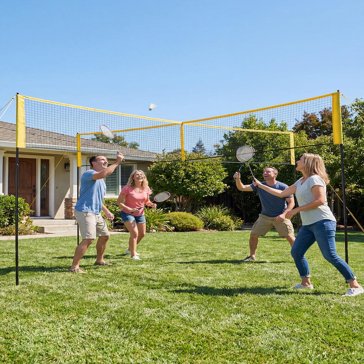 Ataucjin 4 Square Volleyball Game Set, 3 Heights Adjustable (5'/6'4”/7'11”), 14 FT 4-Way Volleyball Net with Portable Carrying Bag, Ideal for Beach Lawn Family Fun
