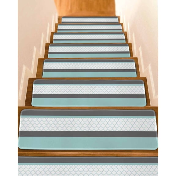Abstract Teal Non-Slip Stair Treads for Wooden Steps, 15 Pack 8x30 Inches Carpet Stair Mats with Adhesive Backing, Noise-Reducing Step Covers for Indoor Stairs, Easy to Install & Residue-Free