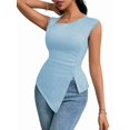 thumbnail image 2 of Womens Asymmetric Neck Slim Fit Cropped Solid Color Tshirt Elegant Basic Top Casual Chic Tee Light Blue S, 2 of 9