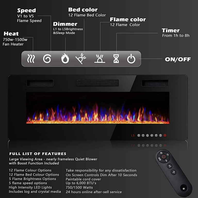 BOSSIN 50 inch Electric Fireplace, Recessed Wall Mounted Electric Fireplace  inserts,Ultra Thin Adjustable Flame Colors u0026 Speed Fireplace with Touch  Screen and Remote Control - Walmart.com