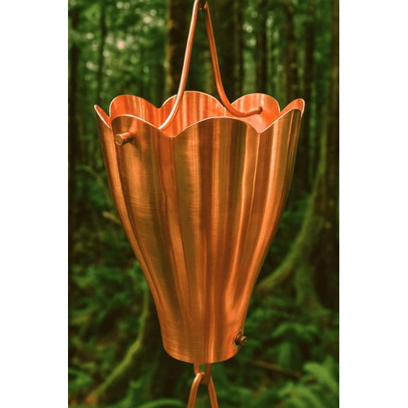 Creative Rain Solutions 8 ft, Tulip Round Cups Rain Chain, Heavy Duty Water Flow, in Unfinished Copper