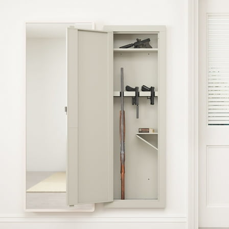 Wall Gun Safe: Quick-Access Rifle Cabinet with Digital Lock, In-Wall Design Between Studs, Removable Shelf (White)