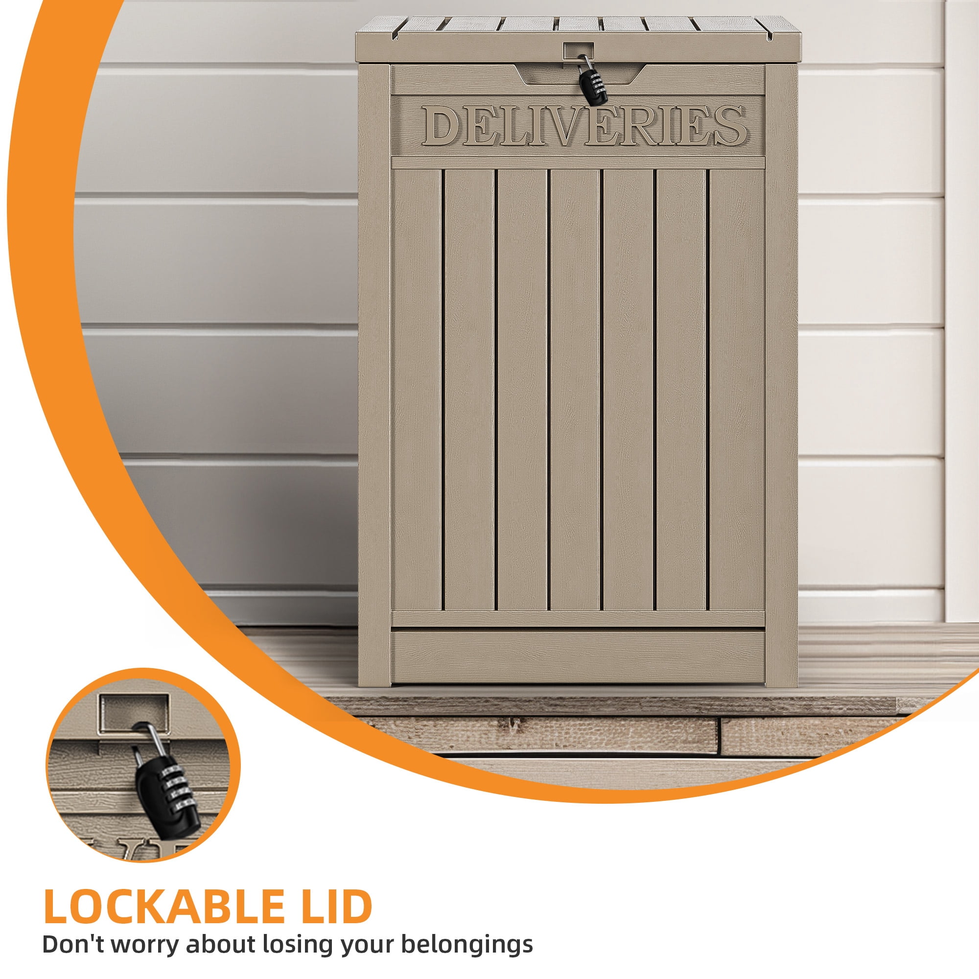 Uforic 51-Gallon Large Outdoor Resin Package Delivery Storage Box, Waterproof Deck Box for Porch or Curbside, Lockable, Light Brown