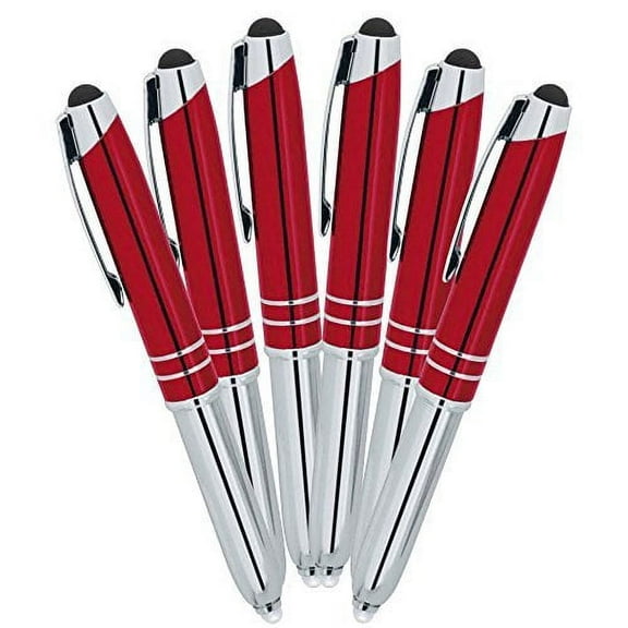SyPen Stylus Pen for Touchscreen Devices, Tablets, iPads, iPhones, Multi-Function Capacitive Pen With LED Flashlight,Ballpoint Red Ink Pen, 3-In-1 Metal Pen, 6PK, Red Ink