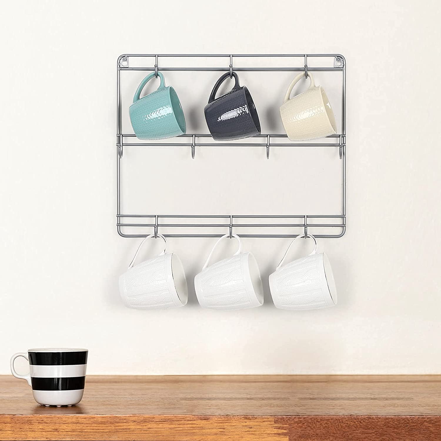 Oumilen Set of 2 3-Tier Metal Wall Mounted Coffee Cup Holder with 10 Hooks, Silver