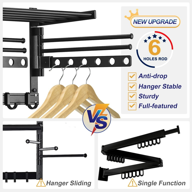 SKIKEN Laundry Drying Rack Wall Mounted Wash Drying Rack with 6 Swing Arms Foldable Laundry Room Organizer 6 Hole Swing Arm 5 Hooks Space Saver Aluminum Black 15.8 Walmart