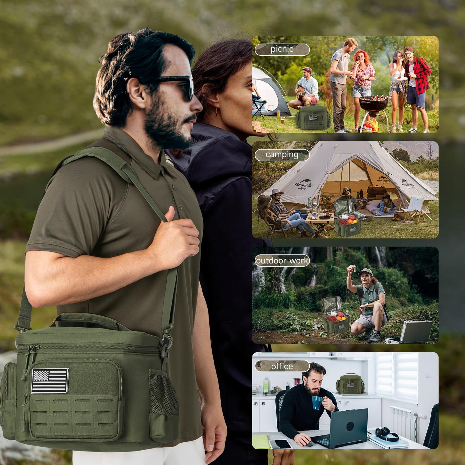 Haadid Tactical Lunch Bag for Mens Military Heavy Duty Lunch Box Work Leakproof Insulated Durable Thermal Cooler Bag for Adult Meal for Office Camping Picnic Pail MOLLE Webbing Army Green