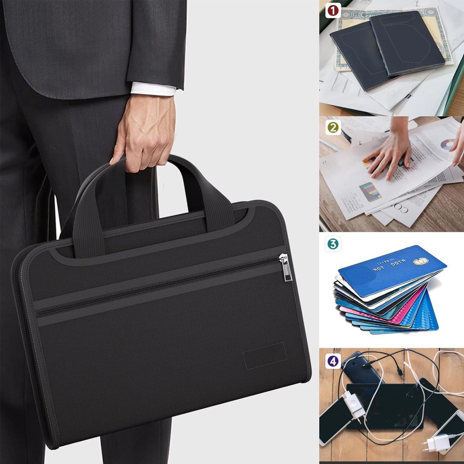 SHENGXINY File Folder, Fireproof Accordion File Folder with Handle, A4 Secure Document Bag for Paper Storage and Protection Black