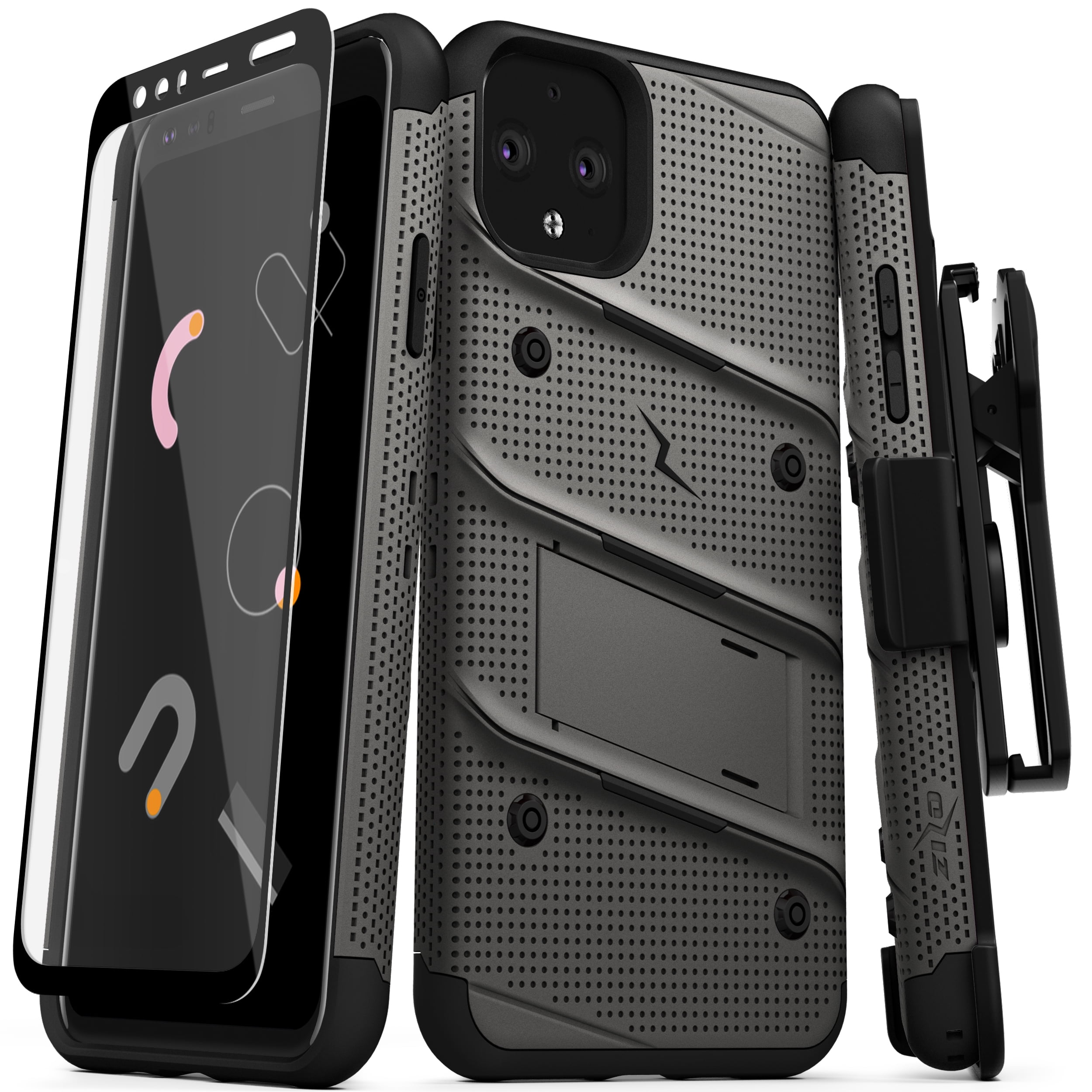 ZIZO BOLT Series Google Pixel 4 XL Case | Heavy-duty Military-grade Drop Protection w/ Kickstand Included Belt Clip Holster Tempered Glass Lanyard (Metal Gray/Black)