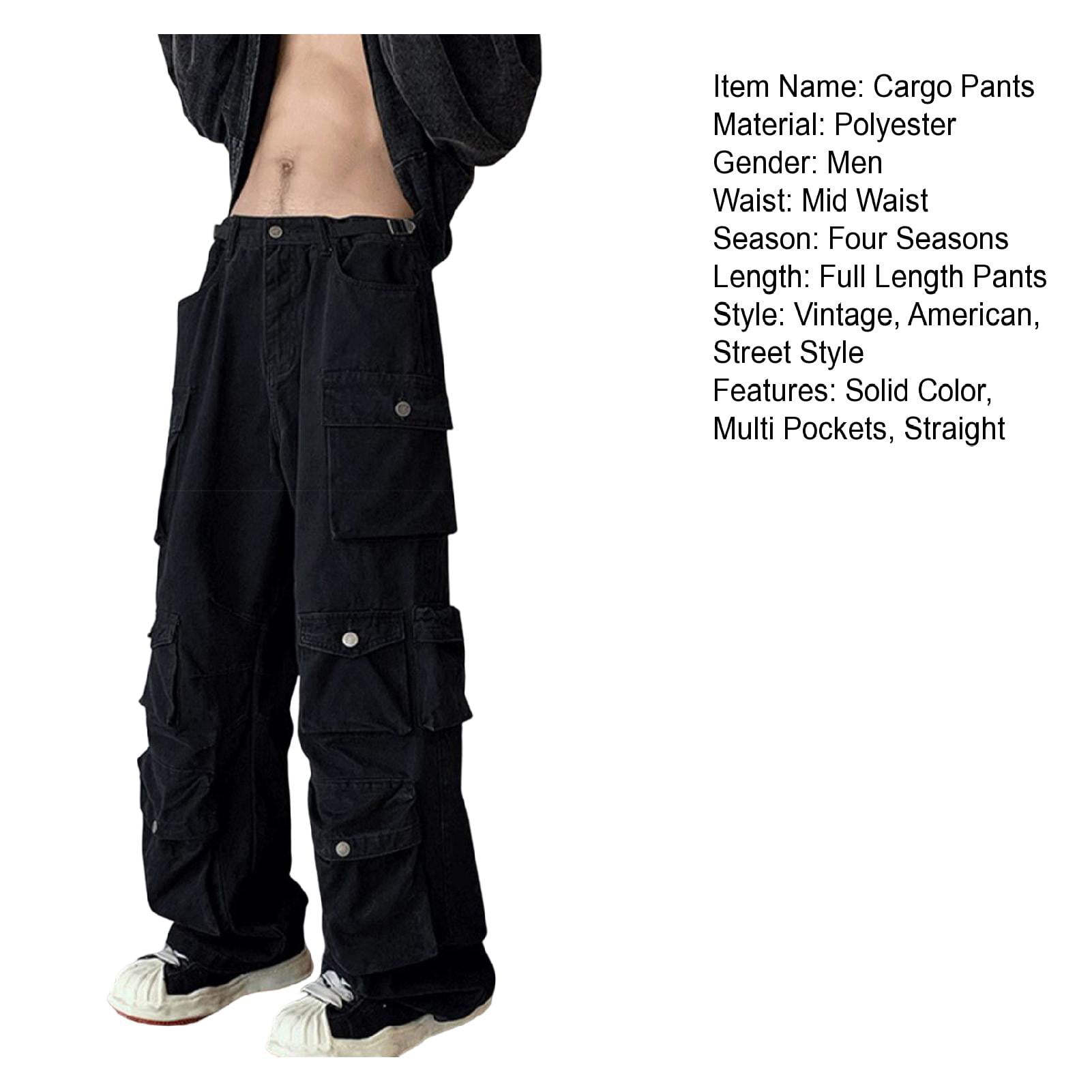 for Straight Street Waist Cargo Pants Trousers Solid Mid Multi Loose Retro Pockets American Overalls Wear Men Daily Style Color