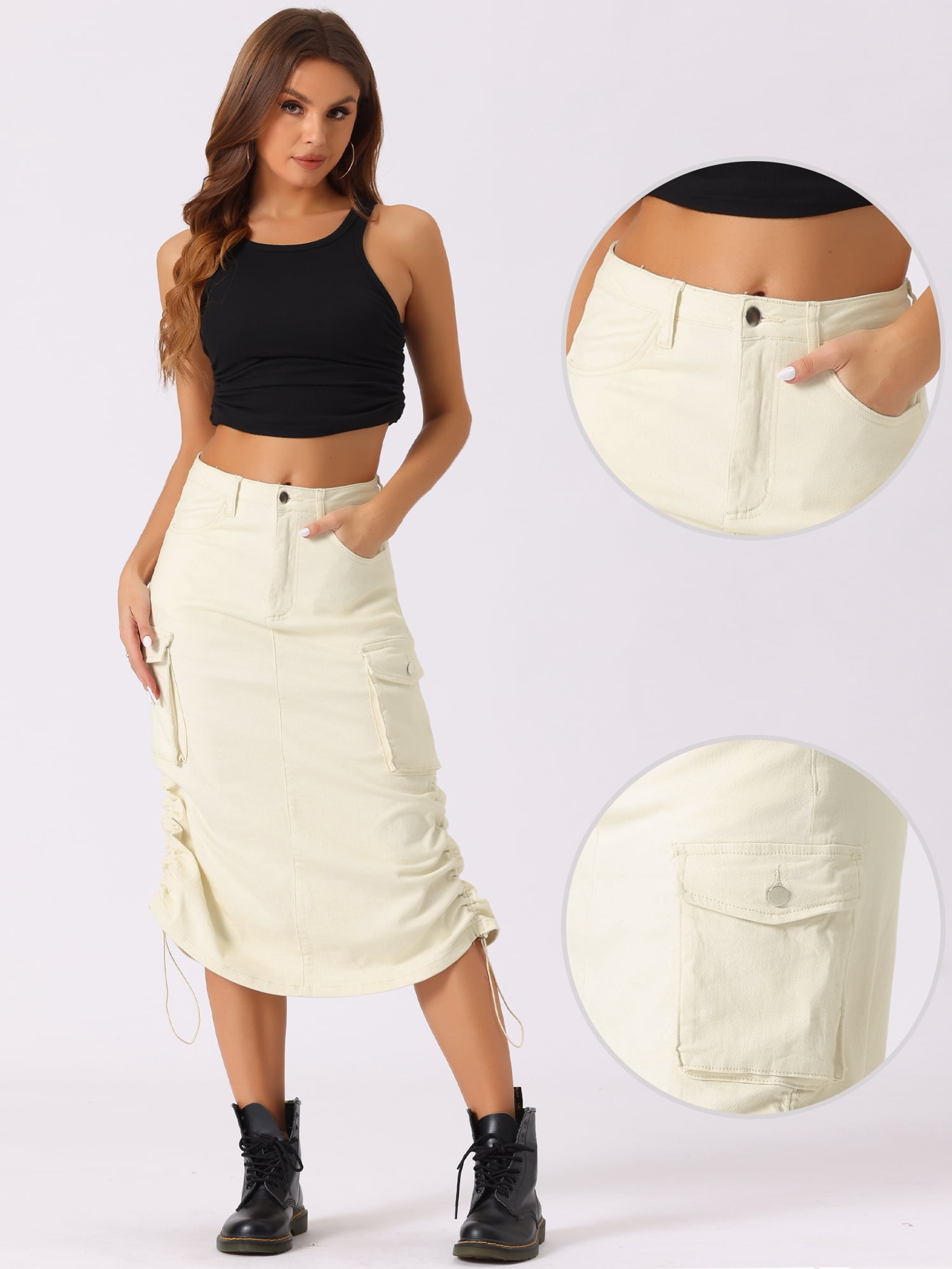 DARING DIVA Women's Y2K Adjustable Casual A-Line Midi Jean Skirt L Beige