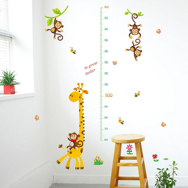 Adhesivos de pared con gráfico de alturas con dibujos animados de jirafa, mono, jungla