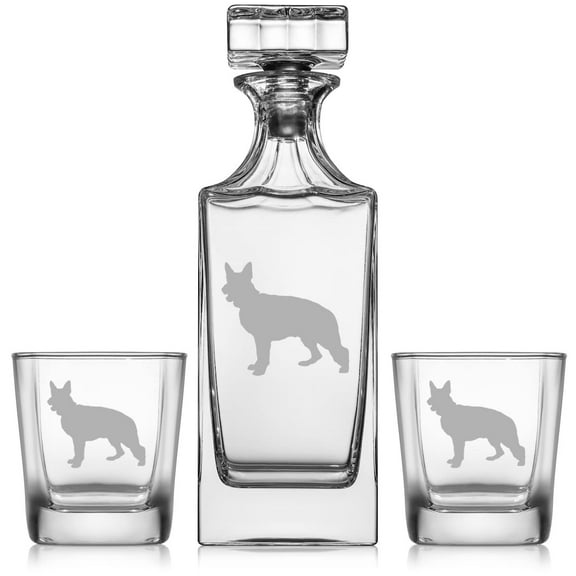 Whiskey Decanter Gift Set With 2 Whiskey Old Fashioned Rocks Glasses German Shepherd