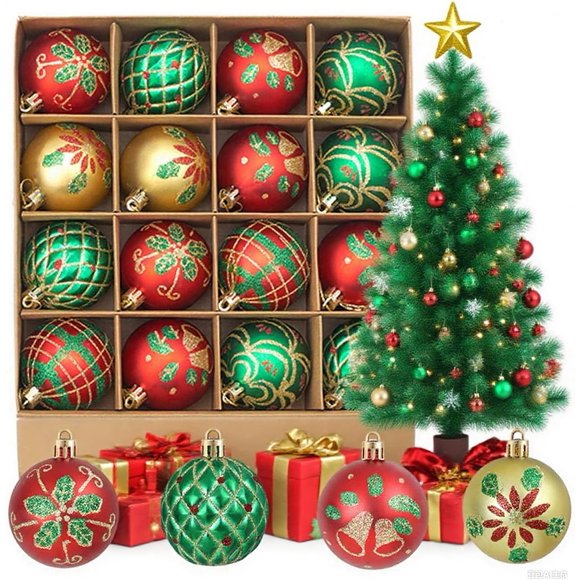 OUYAWEI 16 Pcs Boules de Noël, 6cm/3 Pouces Boules de Noël Rouges et Blanches Ensemble de Boules Suspendues pour Décoration Intérieure et Extérieure de Fête de Noël, Rouge et Or