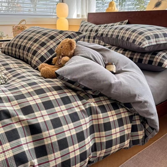 JOLUSERE Black Beige Plaid Duvet Cover Twin Set, 2-Piece Vintage Grid Checkered Pattern Soft Gray Comforter Cover