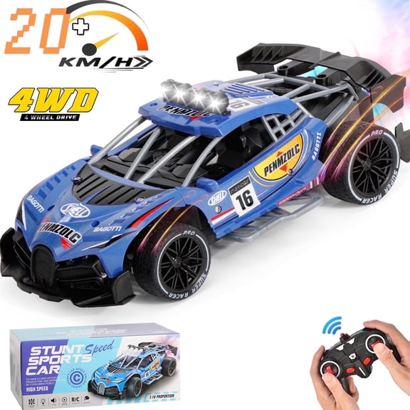 Burufy 1:16 Remote Control Car, 4WD RC Drift Car with Lights and Spray Function, All Terrain Off Road RC Vehicle for Kids
